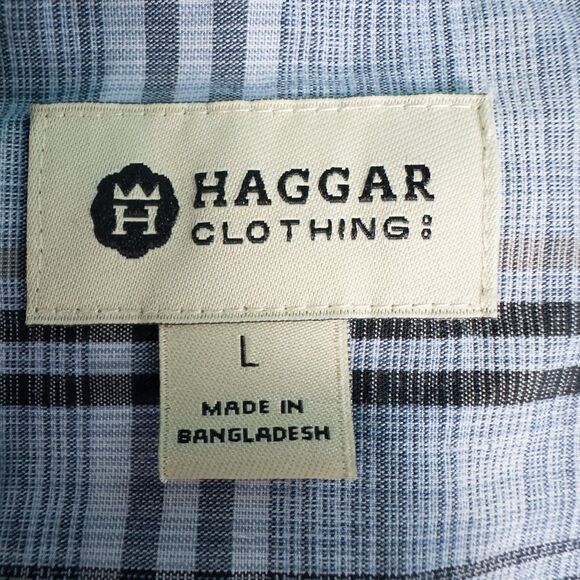 Haggar Long Sleeve Plaid Cotton Blend Button Down Shirt Blue Mens Large Office - Picture 3 of 16